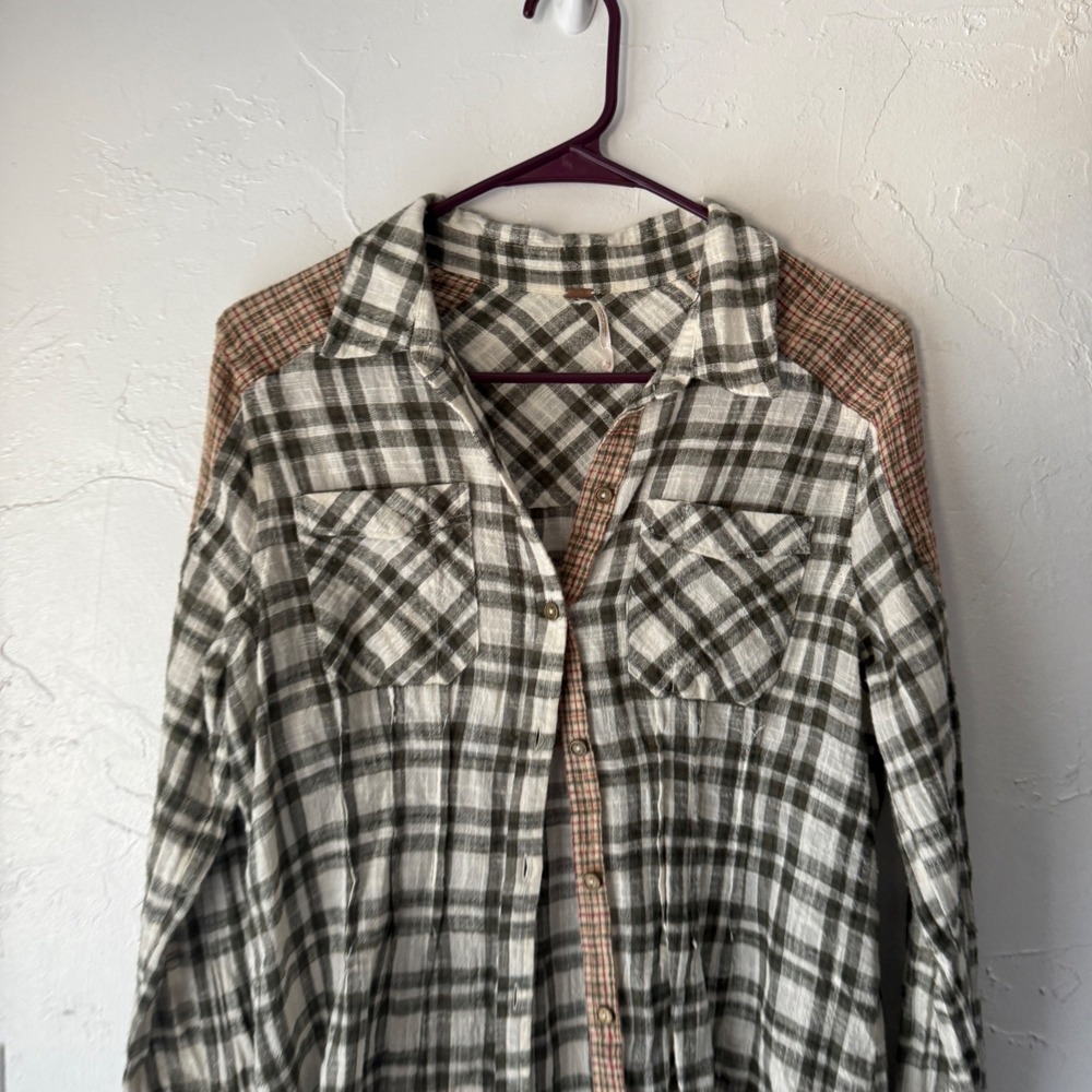 Free People Womens Plaid Long Sleeve Button Shirt Olive Green Bohemian Cabin XS - Picture 2 of 8